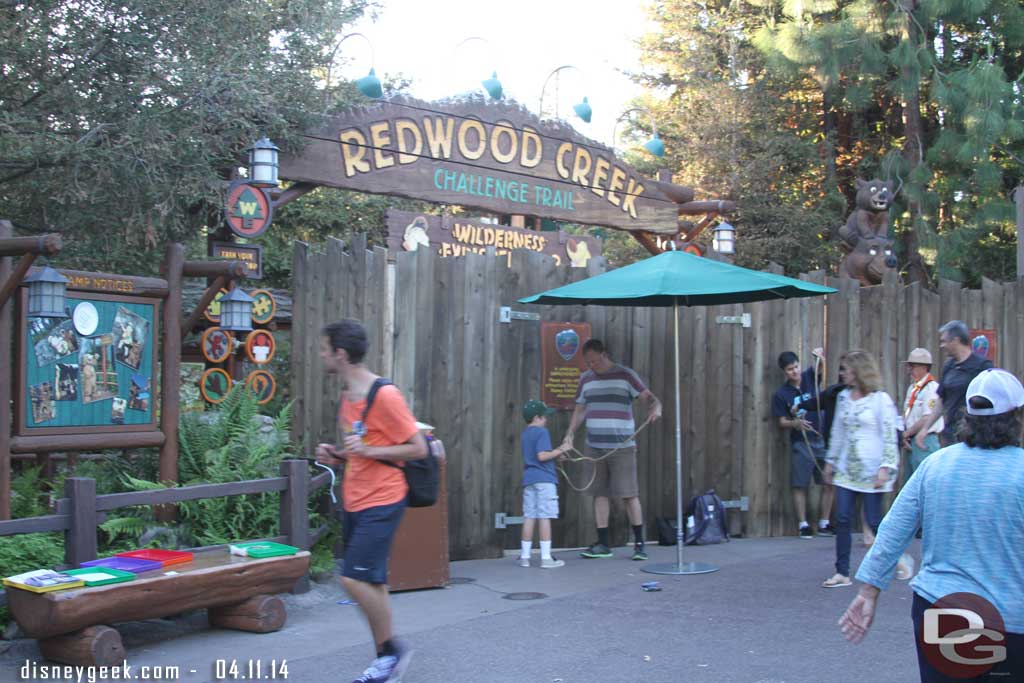 The Redwood Creek area is still closed.  A cast member had some ropes and other props to interact with guests.