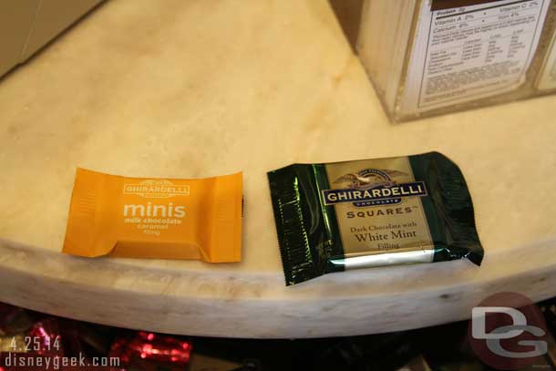 At Ghirardelli they were passing out free samples of the minis.  For comparison the new on the left and traditional squares on the right.