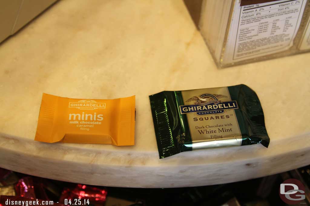 At Ghirardelli they were passing out free samples of the minis.  For comparison the new on the left and traditional squares on the right.