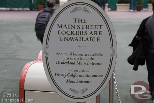 Plenty of signs warning you that the lockers at Disneyland are unavailable.