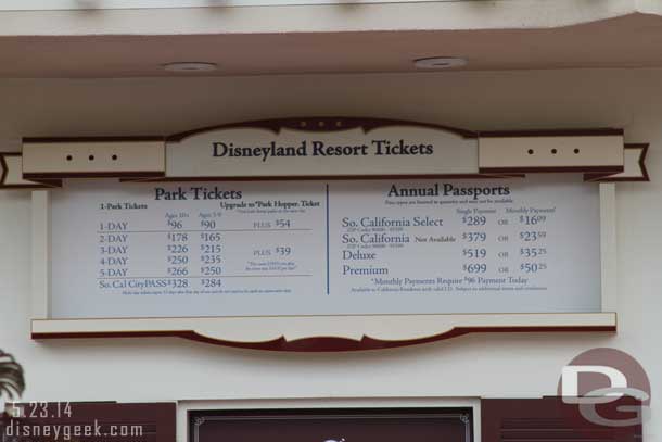 Since my last visit ticket prices have gone up.  Here are the current rates.