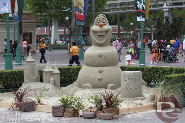 A large sand Olaf was built near the center of the Esplanade