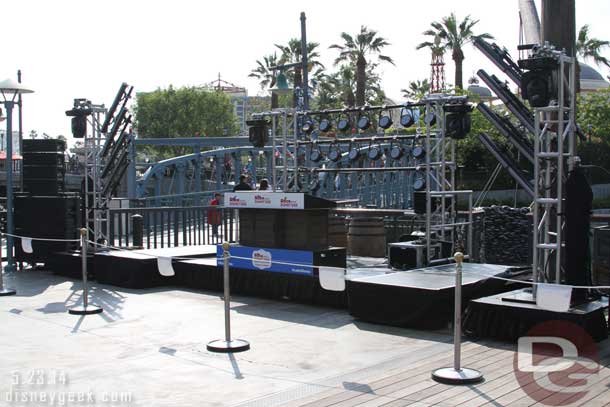 A stage set up on the Wharf for a dance party later tonight.