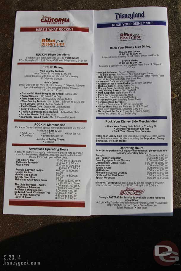 A listing of the special dining, merchandise, and operating hours for the day.