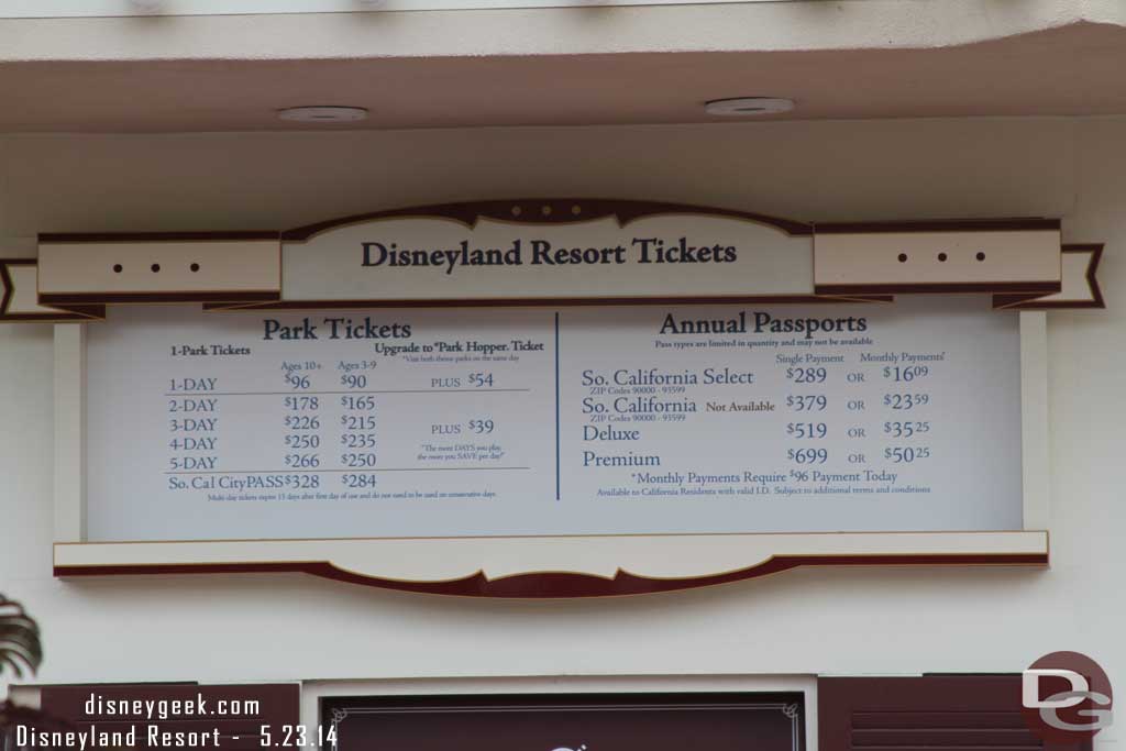 Since my last visit ticket prices have gone up.  Here are the current rates.