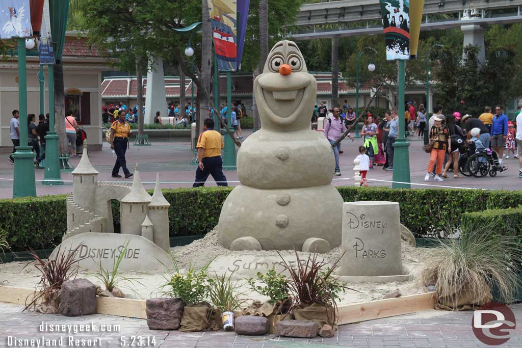 A large sand Olaf was built near the center of the Esplanade