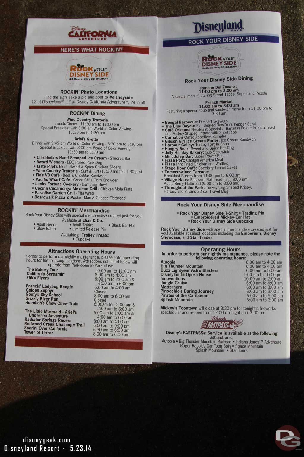 A listing of the special dining, merchandise, and operating hours for the day.