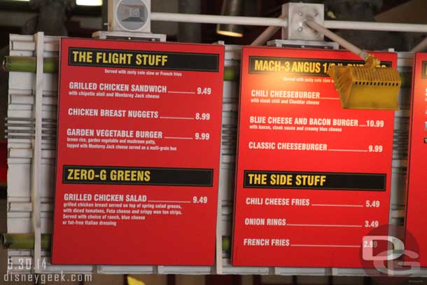 I had a request for some menu pictures.. so as I roamed the parks today I snapped pictures of many of the menus.  We start off with Taste Pilots Grill in Condor Flats.