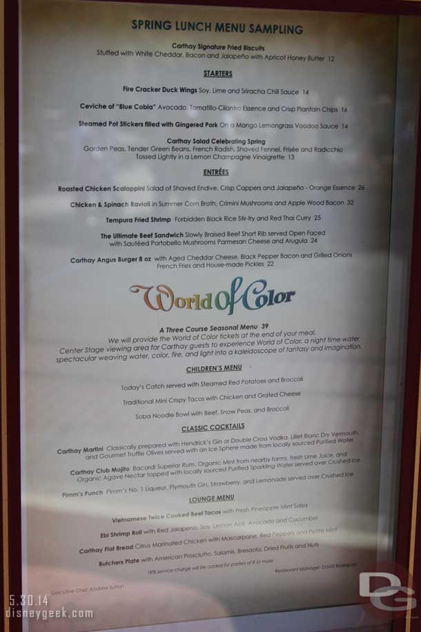 Carthay Circle Spring Lunch Menu