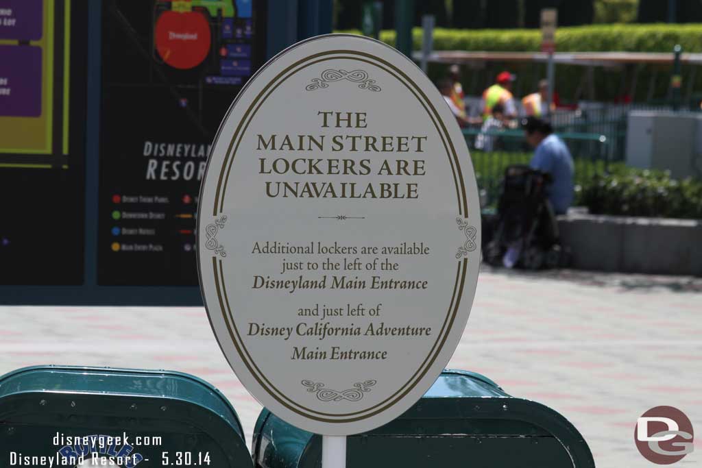 Plenty of signs warning you there are no lockers in Disneyland.