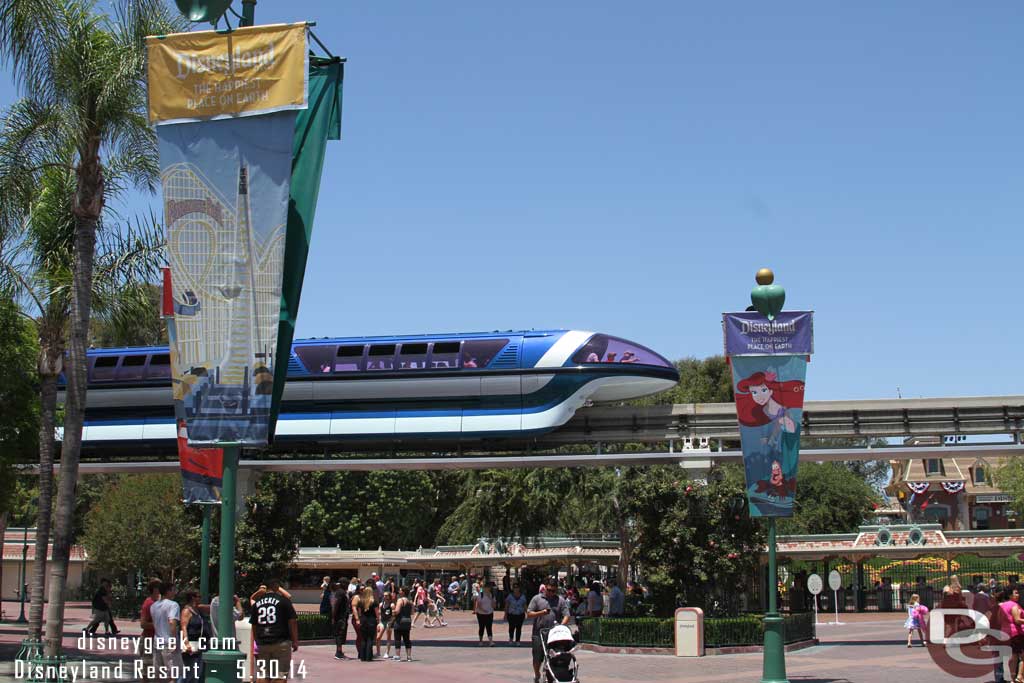 Monorail Blue passed by while at the tram stop then it stopped near the entrance to Disneyland for several minutes.  It eventually started up again and made its way to Disneyland.