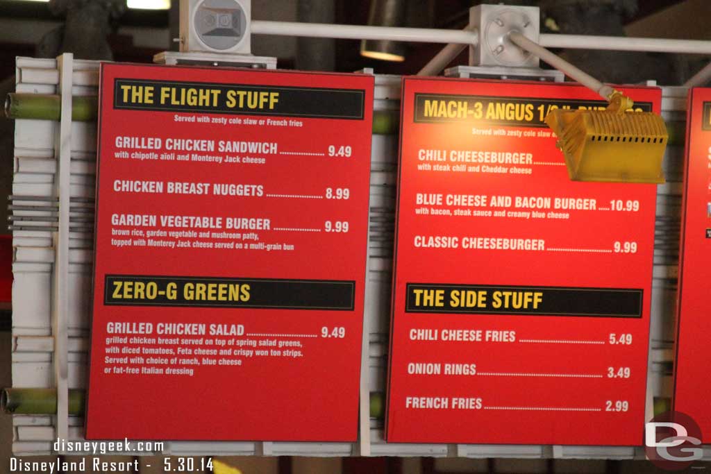 I had a request for some menu pictures.. so as I roamed the parks today I snapped pictures of many of the menus.  We start off with Taste Pilots Grill in Condor Flats.