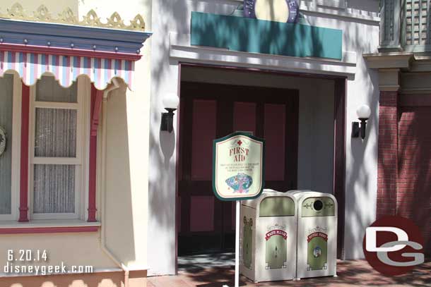 Oops..  as I noted last week the maps show the First Aid station has moved to its temporary location, but it has not yet.  This week Disney has a sign directing you to the old location.  