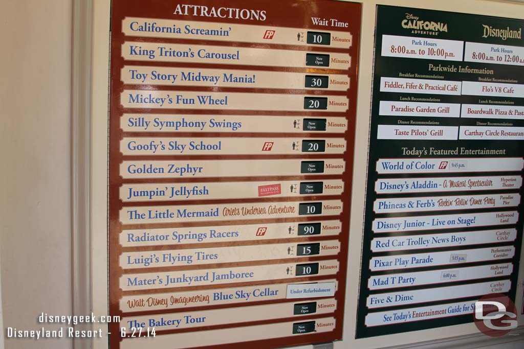 Disney California Adventure wait times at 1:25pm