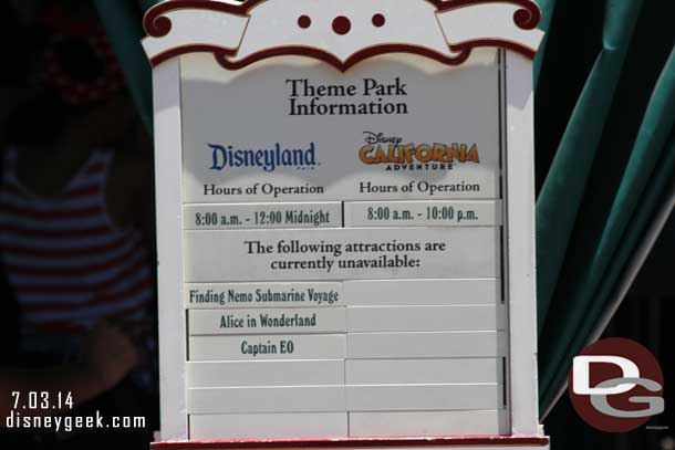 The list of closed attractions is dwindling..  today both Alice in Wonderland and Magic Eye Theater (Captain EO) were in soft openings so it was even shorter.