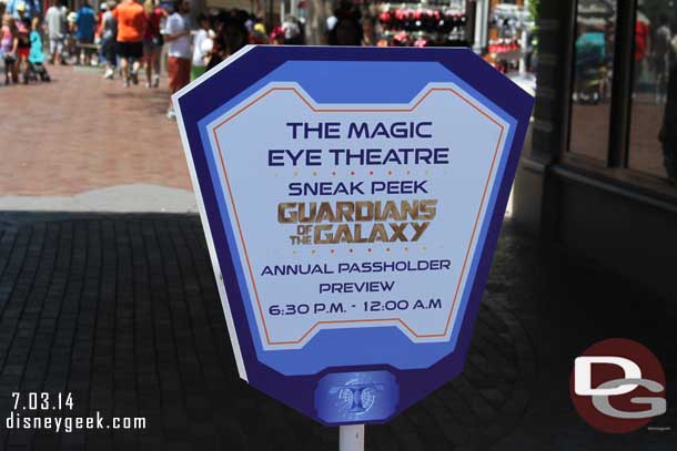 Heading into Disneyland.  Signage for the Annual Passholder preview of the Sneak Peek of Guardians of the Galaxy this evening.