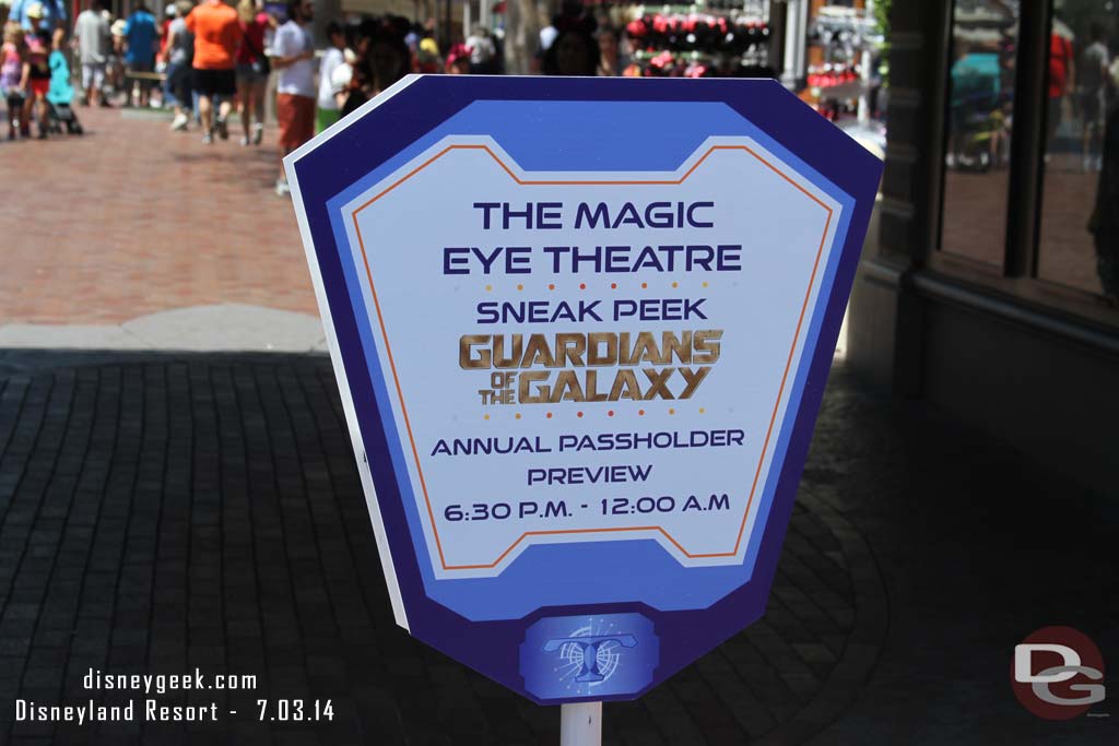 Heading into Disneyland.  Signage for the Annual Passholder preview of the Sneak Peek of Guardians of the Galaxy this evening.