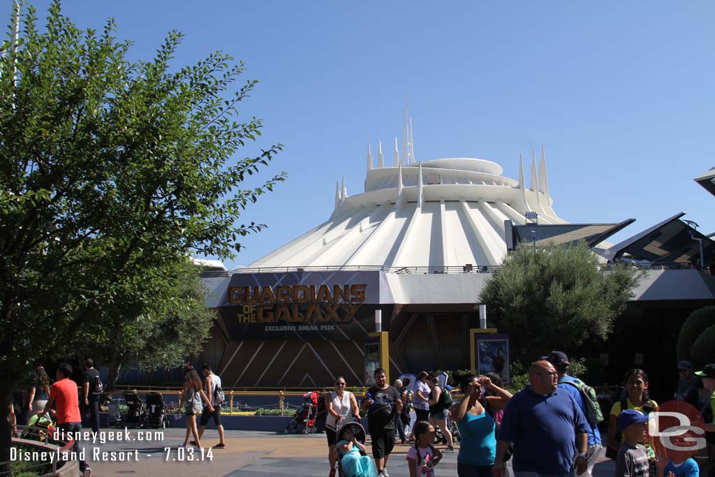 Signage up for Guardians of the Galaxy in Tomorrowland.