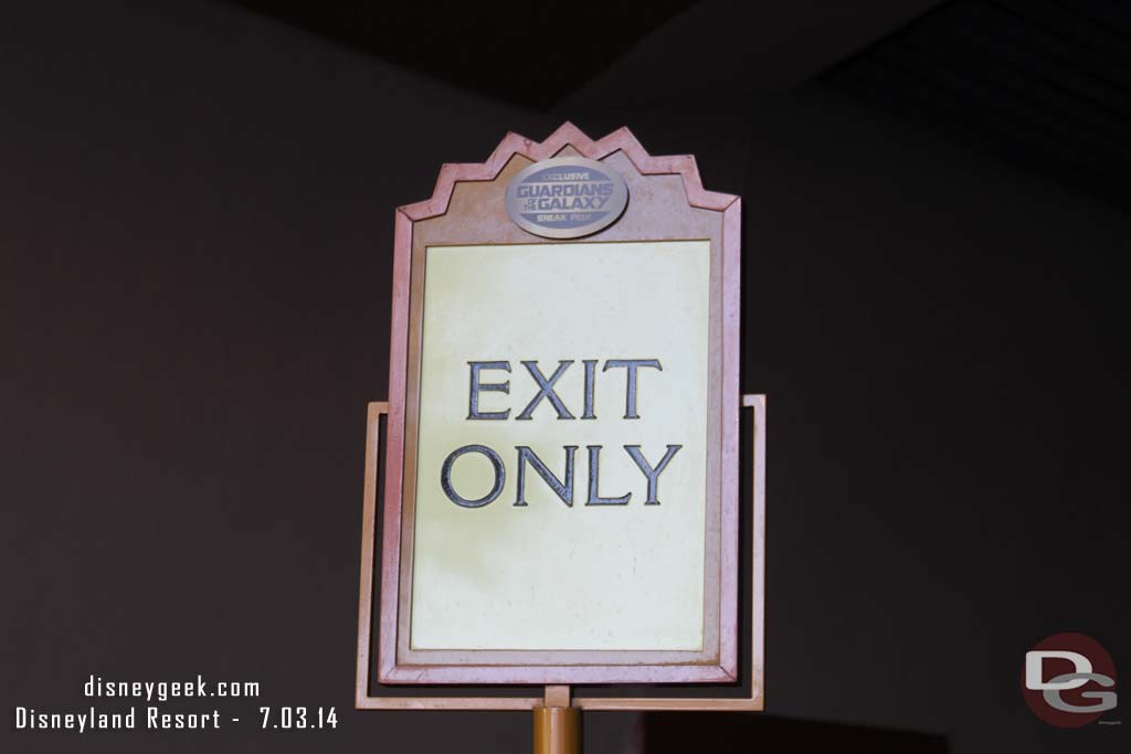 Even the exit signage has Guardians of the Galaxy sneak peek on it.