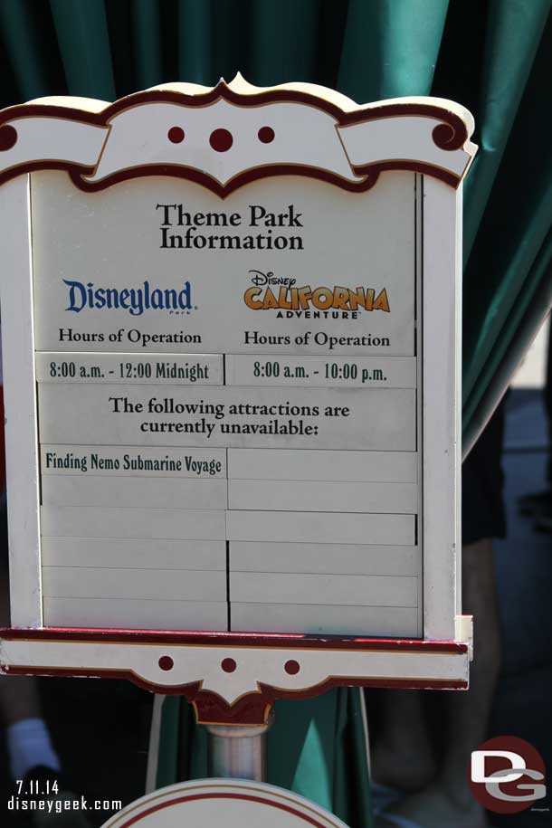 Arriving at the Disneyland Resort.  Not much listed as closed today.  Not sure why the Blue Sky Cellar is not on there.