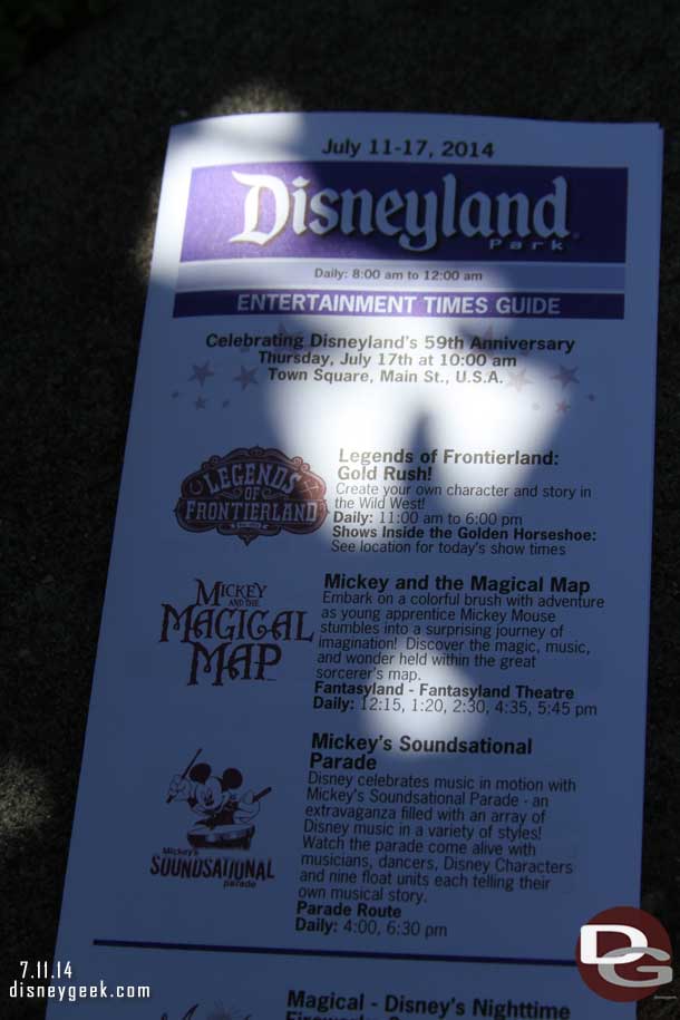 A quick look at the Disneyland times guide.  Note the 59th Anniversary Celebration will be at 10am on Thursday.  Also Legends of Frontierland gets top billing.