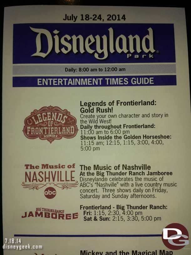 The Legends of Frontierland: Gold Rush and the Music of Nashville received top billing on the Times Guide this week.