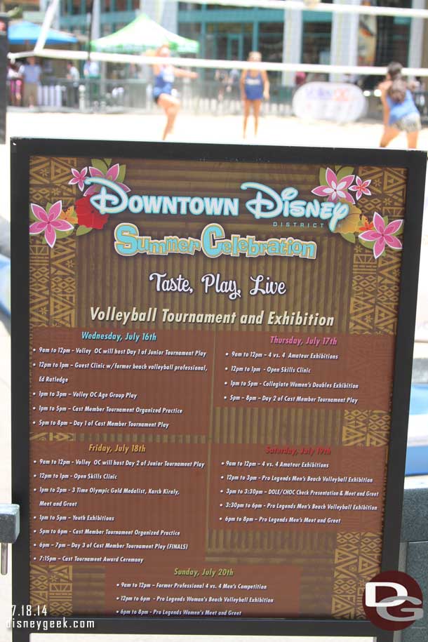 Downtown Disney Summer Celebration continues this weekend with a Sand Volleyball tournament and exhibition.  Here is the schedule.