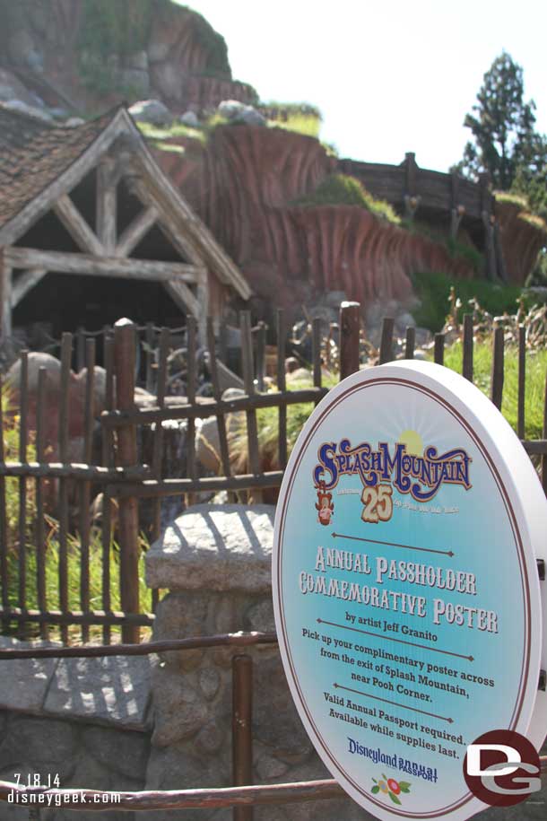 Splash Mountain turned 25 this week.  To mark the occasion Disneyland Annual Passholder could stop by for a free commemorative poster.