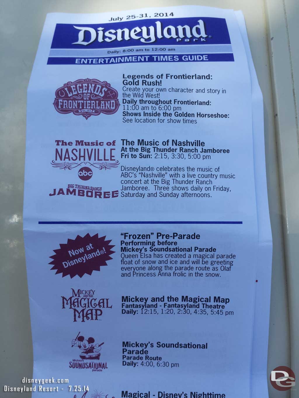 This week the Frozen pre-parade was listing on the times guide.  