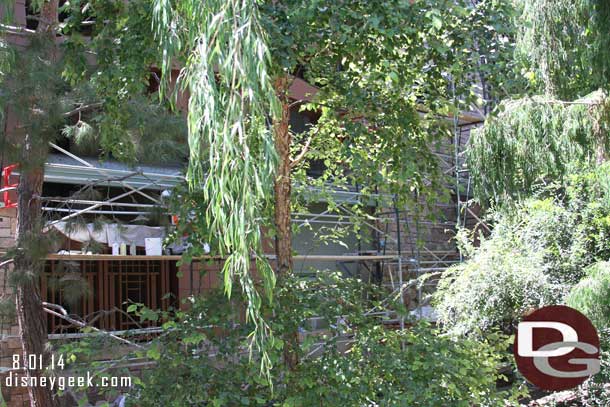 The scaffolding is set up and workers were working on the exterior of the Grand Californian across from Grizzly River Run.  A little hard to see with all the trees.