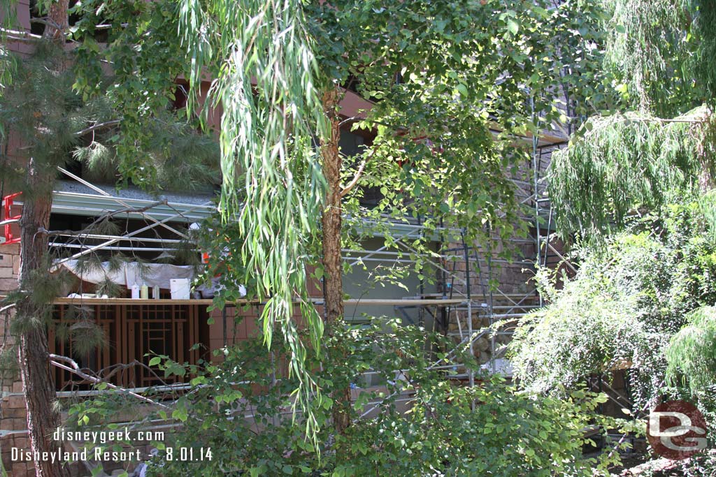 The scaffolding is set up and workers were working on the exterior of the Grand Californian across from Grizzly River Run.  A little hard to see with all the trees.