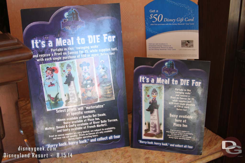 For the Haunted Mansions 45th anniversary there are prints available at four dining locations.  They are $5 with a min. $30 purchase.