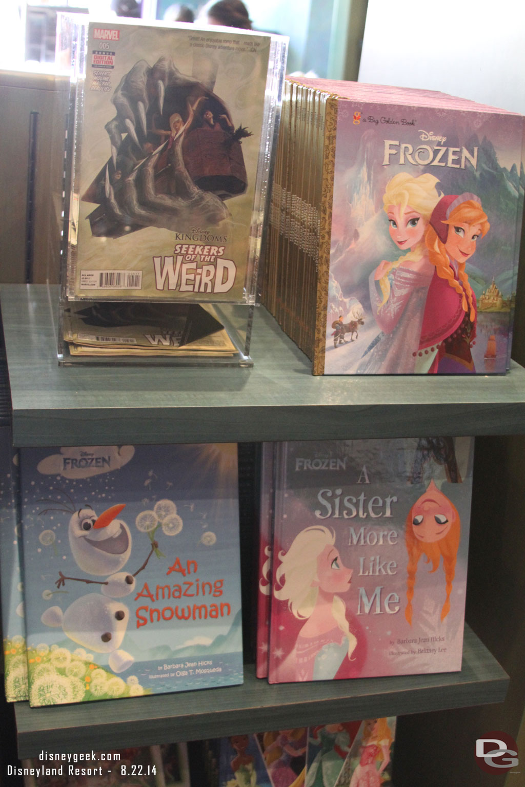 Several Frozen books and not sure why a Marvel comic was on the same rack.