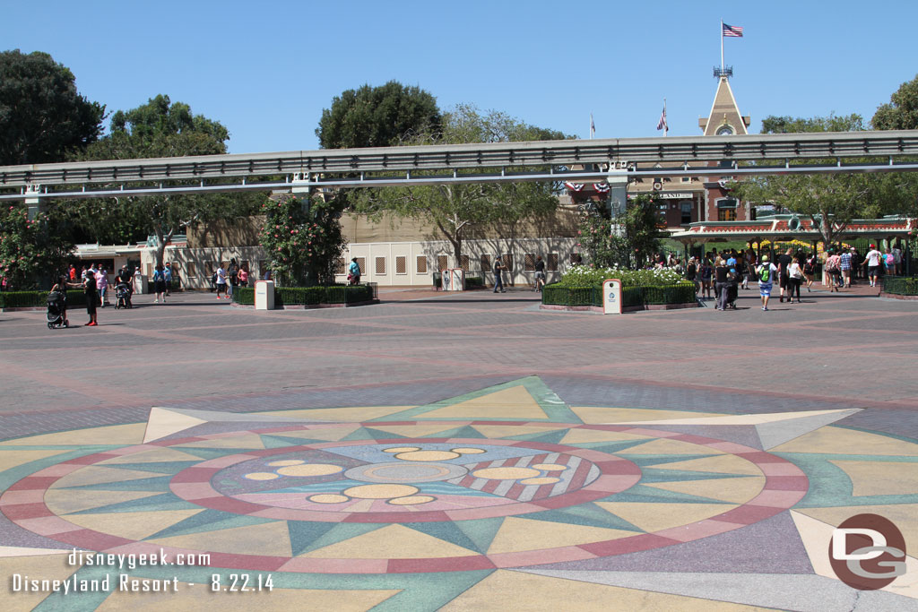 Walking toward Disneyland.  The same section of turn stiles is being worked on as last week (the second from the left).