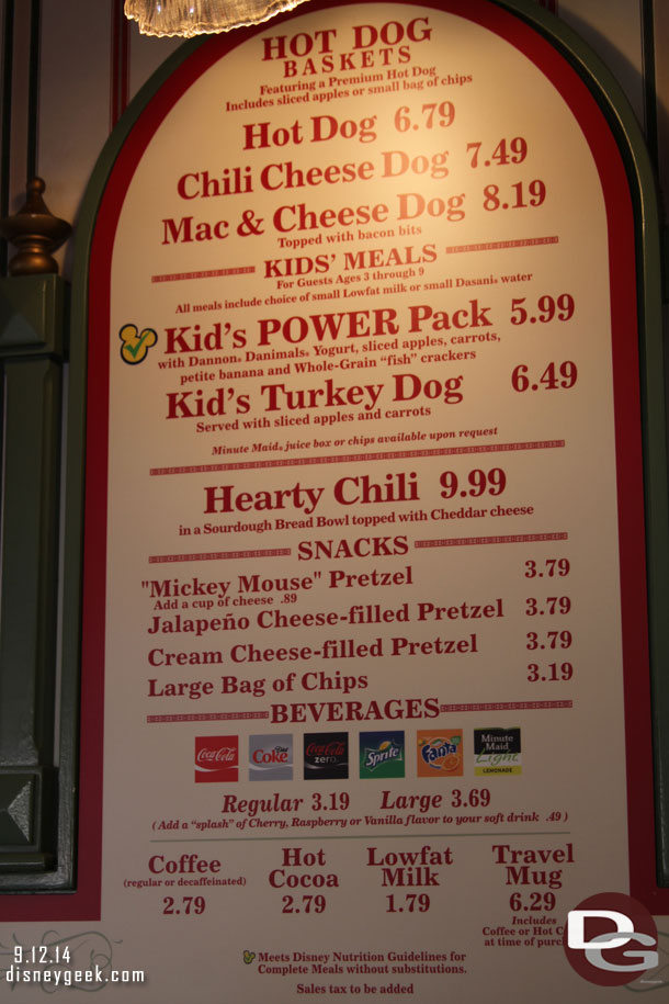 Dining at the Disneyland Resort is going to cost you more.  Prices went up on just about everything since my last visit.  Here is the current Coke Corner menu.  I will post some pics in the is update, next week I will be updating our menu section with more pictures (http://disneygeek.com/disneyland/dining/)