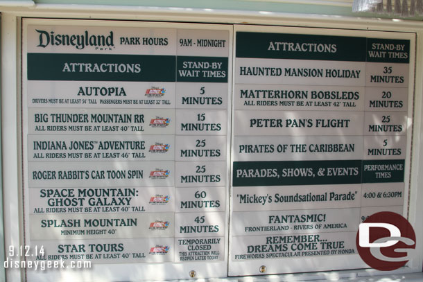 Disneyland Wait times at 1:22pm  Note both Ghost Galaxy and Haunted Mansion Holiday have returned.
