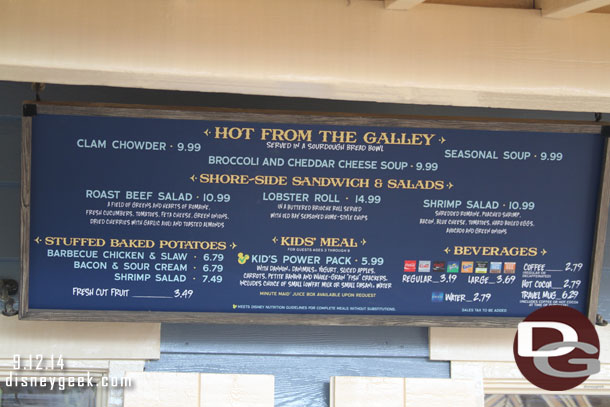 The Harbour Galley Menu, prices up between 40 cents to a dollar compared to May 30th. (http://disneygeek.com/disneyland/dining)