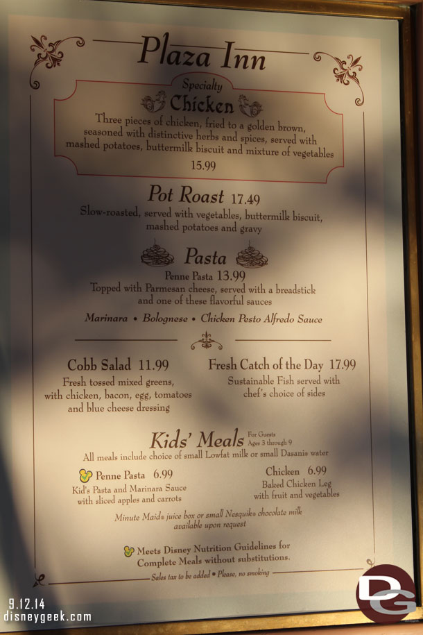 Plaza Inn, interesting the Chicken stayed the same but Pot Roast and Pasta both went up compared to the May 30th menu.