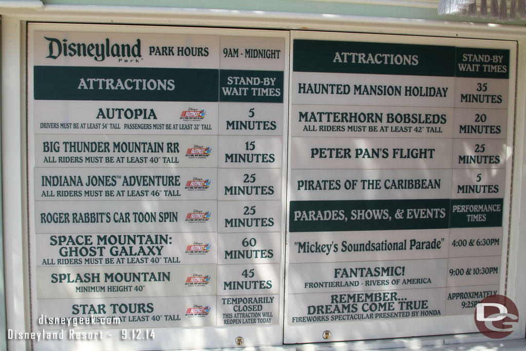 Disneyland Wait times at 1:22pm  Note both Ghost Galaxy and Haunted Mansion Holiday have returned.