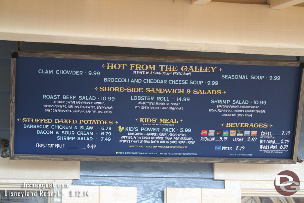 The Harbour Galley Menu, prices up between 40 cents to a dollar compared to May 30th. (http://disneygeek.com/disneyland/dining)