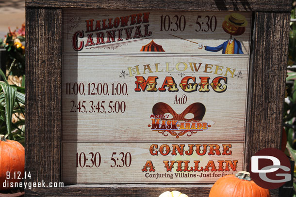 The Halloween Carnival takes place daily in the Jamboree area.  Here is the schedule.