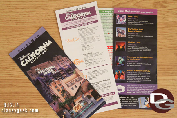 The Disney California Adventure guide map and timesguide