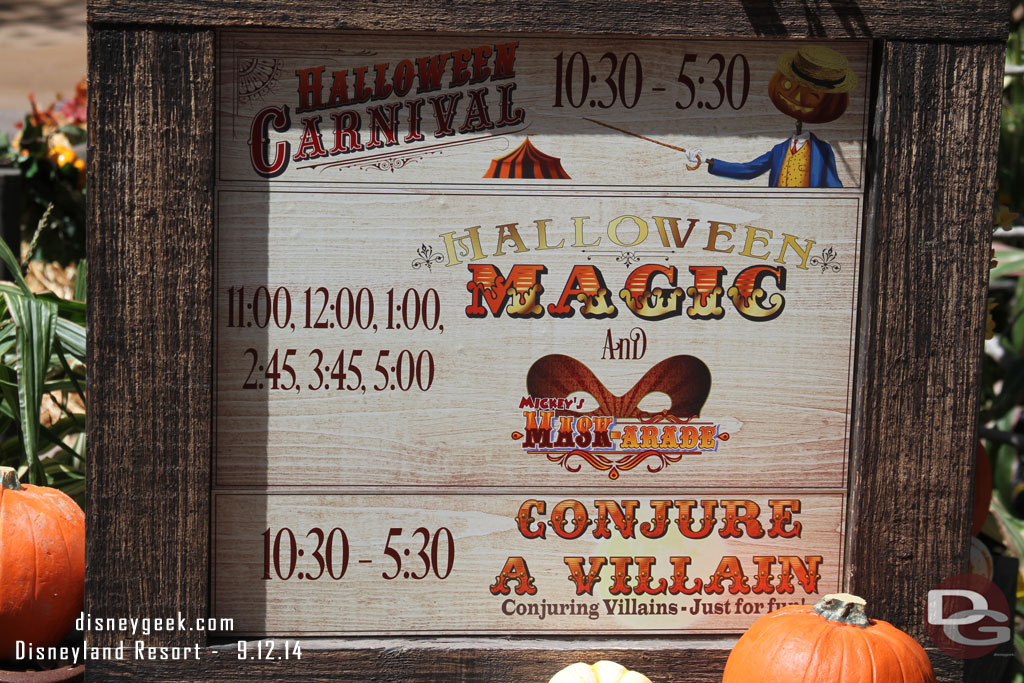 The Halloween Carnival takes place daily in the Jamboree area.  Here is the schedule.