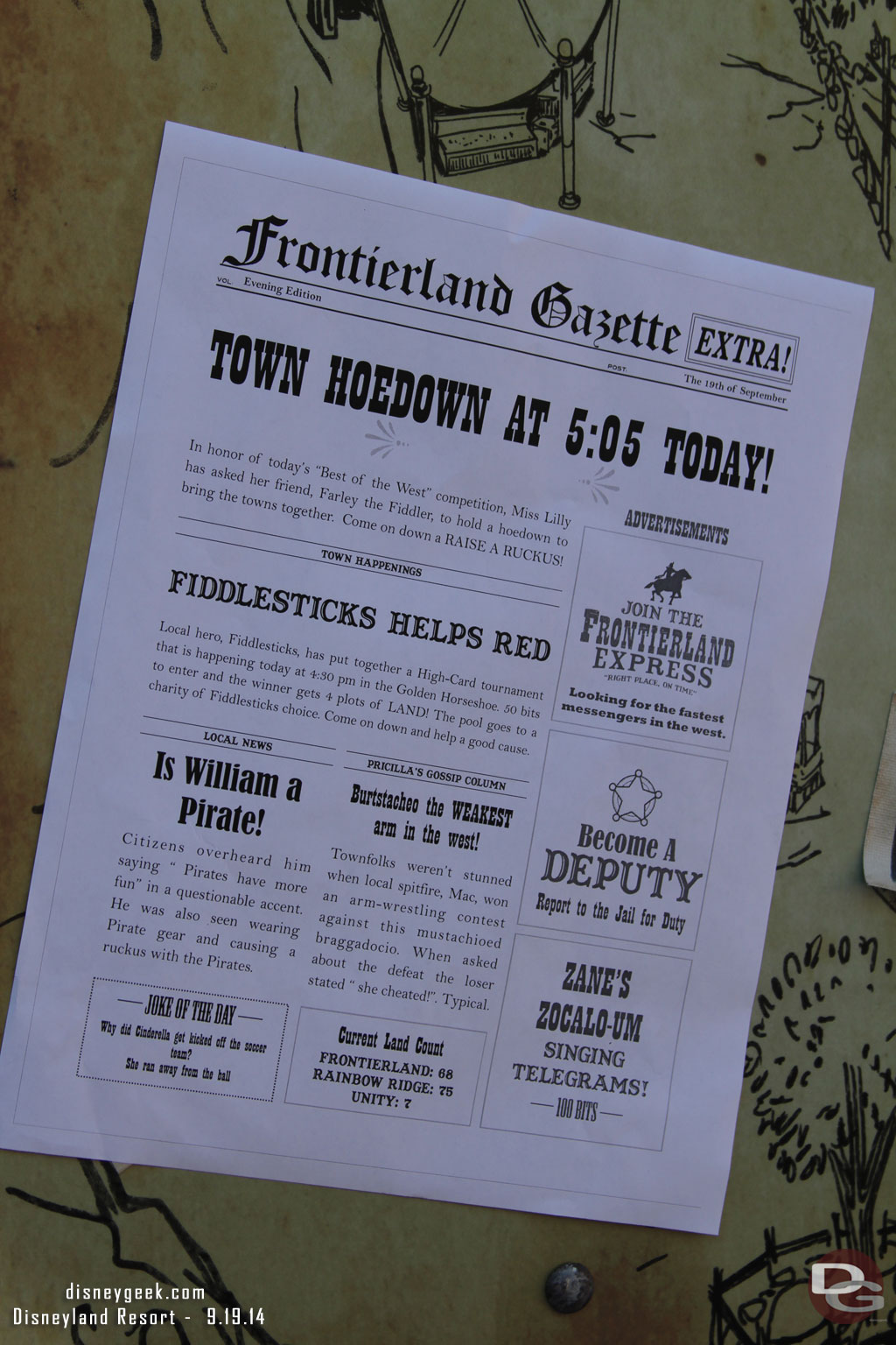 Some announcements about the Legends of Frontierland listing some of the activities today.