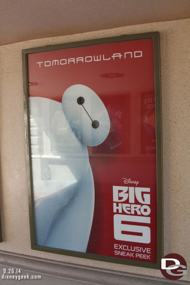 A Big Hero 6 Sneak Peek poster has taken over to the Guardians of the Galaxy one (and the Captain EO before it) as you pass under the train tracks to enter the park.