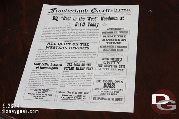 The Frontierland Gazette for today.