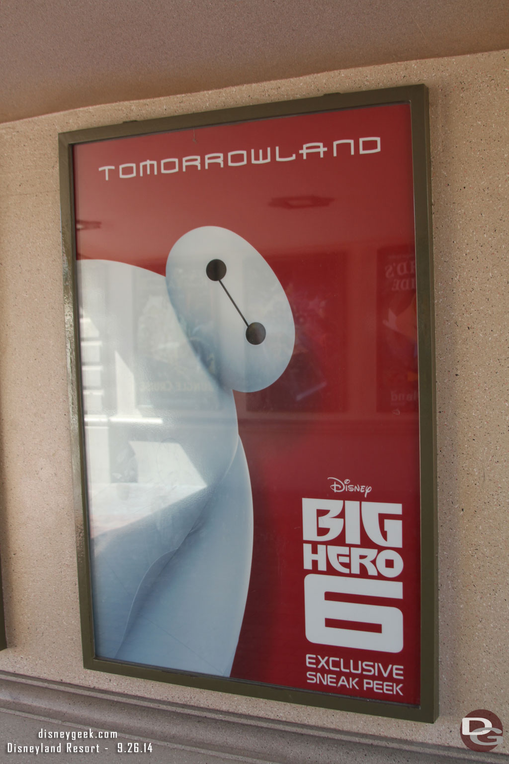 A Big Hero 6 Sneak Peek poster has taken over to the Guardians of the Galaxy one (and the Captain EO before it) as you pass under the train tracks to enter the park.