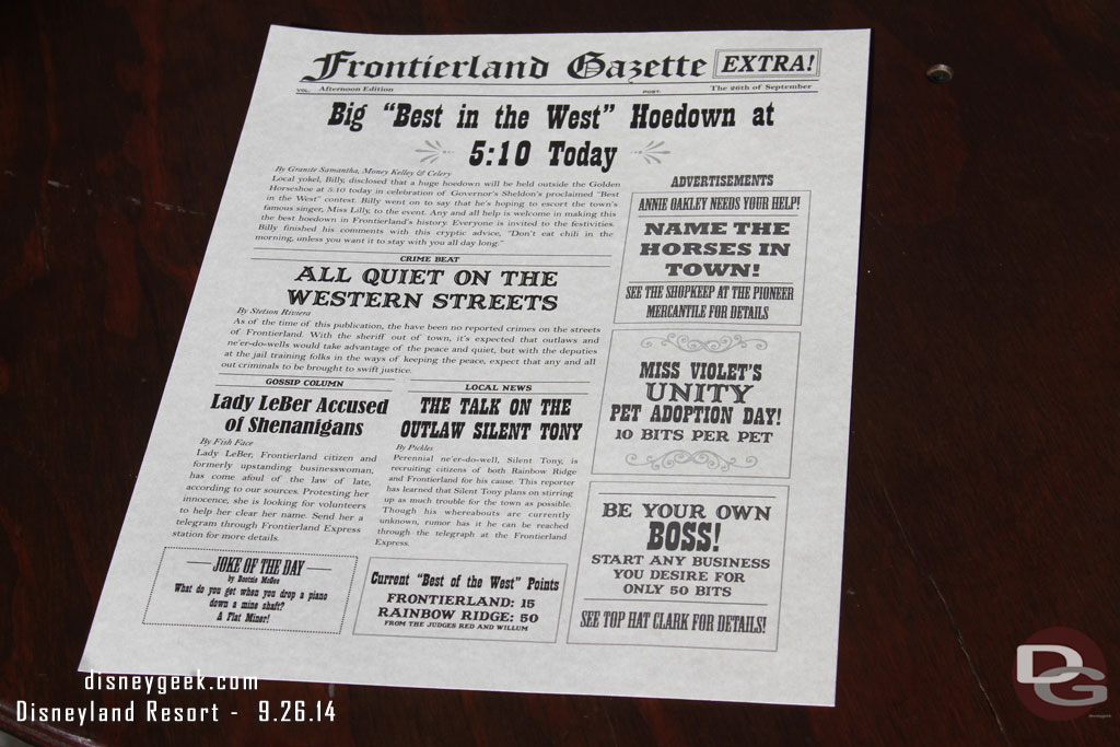 The Frontierland Gazette for today.