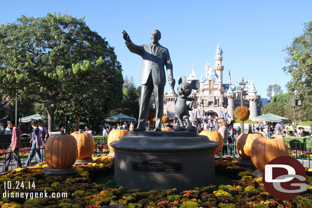 When holidays collide.  Pumpkins around the hub and snow on the castle.