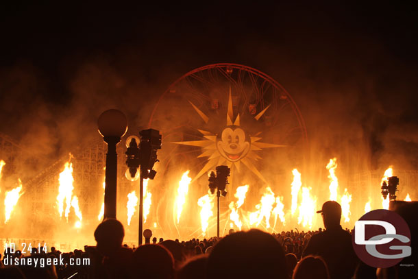 Watched World of Color from the stand by area.  Here is a picture from the Pirates fire sequence.